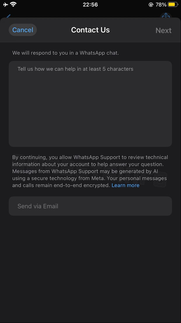 Vista previa del soporte con inteligencia artificial de WhatsApp. (Foto: WabetaInfo)