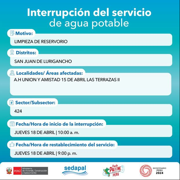 Sedapal anunció los distritos y zonas que se verán afectados por el corte del servicio este jueves 18 de abril. (Foto: Sedapal)