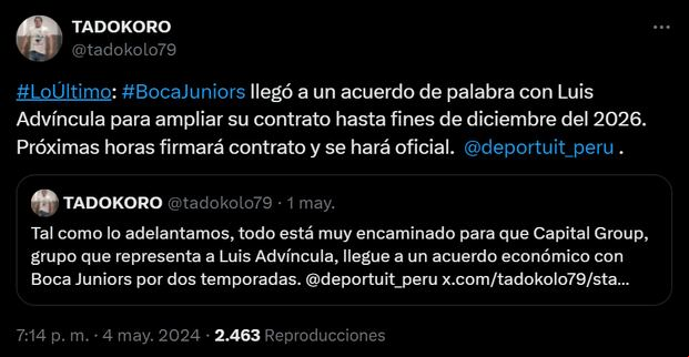 Luis Advíncula renovó con Boca Juniors. (Foto: Captura Twitter)