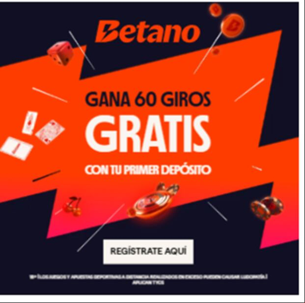 El bono de casino es otra interesante oferta que puedes aprovechar en la casa de apuestas. Por medio del código promocional Betano Perú tendrás la opción de obtener 60 giros gratis con tu primer depósito.