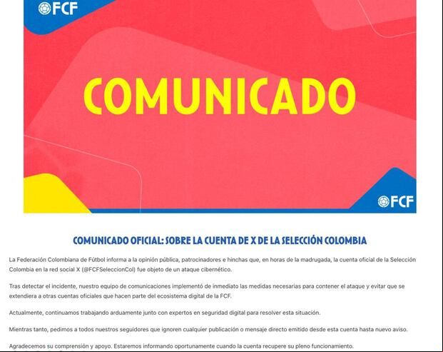 Comunicado de la Federación sobre la cuenta de la Selección Colombia. (Captura)