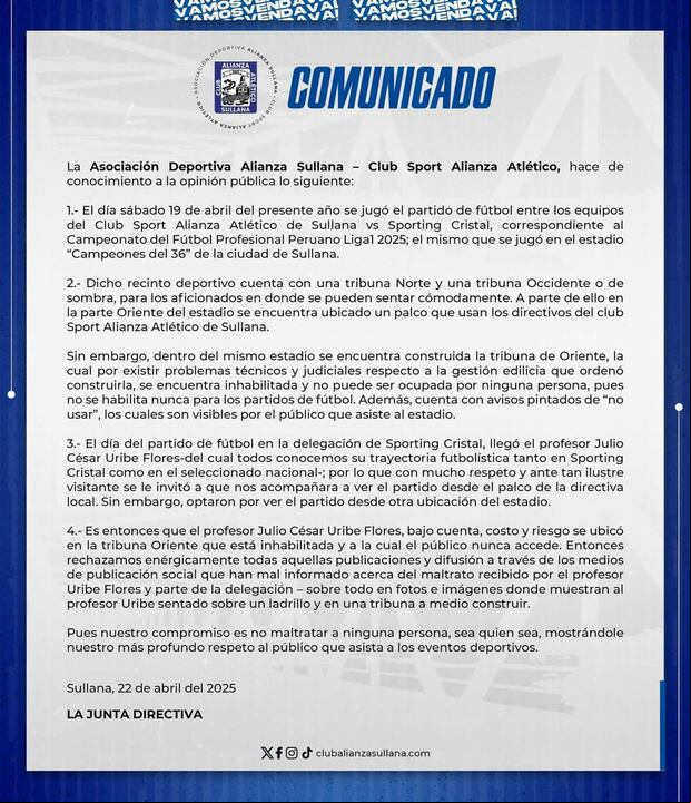 Alianza Atlético envió comunicado aclarando lo sucedo en duelo con Cristal.