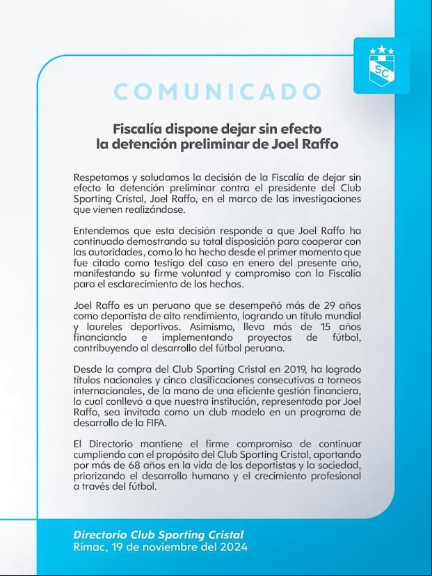 El comunicado de Sporting Cristal tras la decisión de la Fiscalía sobre Joel Raffo.