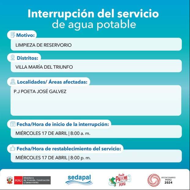 Sedapal anunció los distritos y zonas que se verán afectados por el corte del servicio este miércoles 17 de abril. (Foto: Sedapal)