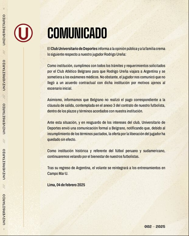 Comunicado de Universitario de Deportes donde explica los detalles del fallido traspaso de Rodrigo Ureña a Belgrano (Foto: Universitario).
