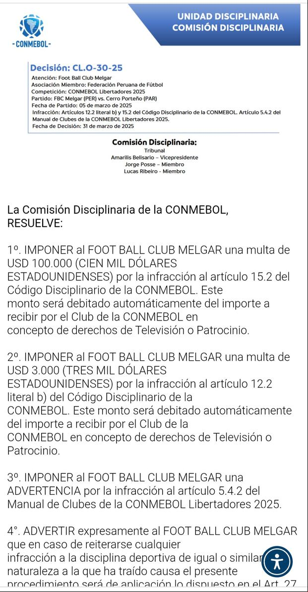 Notificación de la Conmebol a FBC Melgar que sanciona inconvenientes en la UNSA.