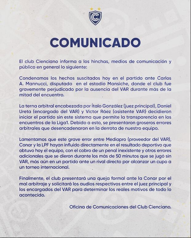 Cienciano compartió un comunicado sobre los hechos suscitados ante Mannucci. (Foto: Cienciano)