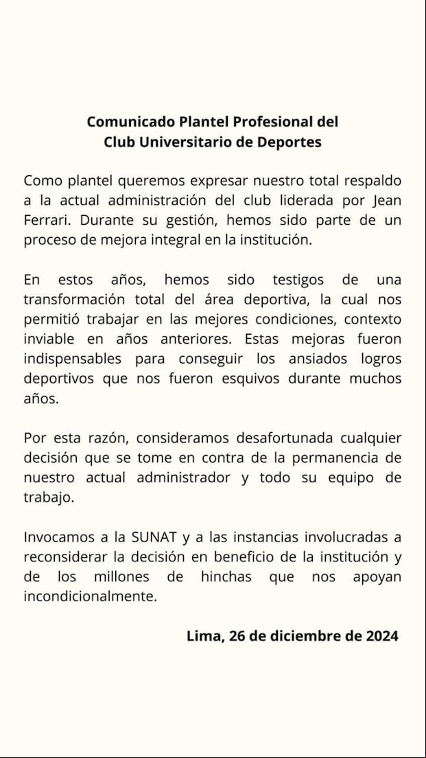 Comunicado del plantel de Universitario de Deportes. (Captura)