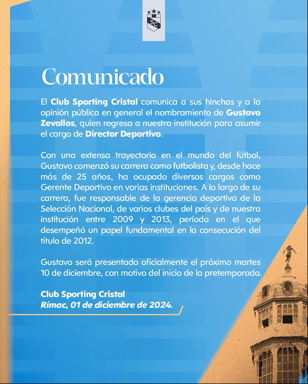 Comunicado de Sporting Cristal sobre Gustavo Zevallo. (Imagen: SC)