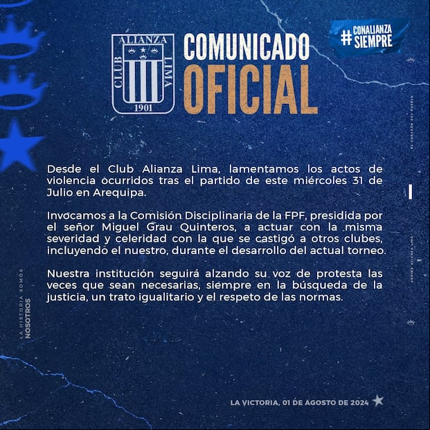 El comunicado de Alianza Lima sobre la pelea en Arequipa. (Imagen: Alianza Lima)