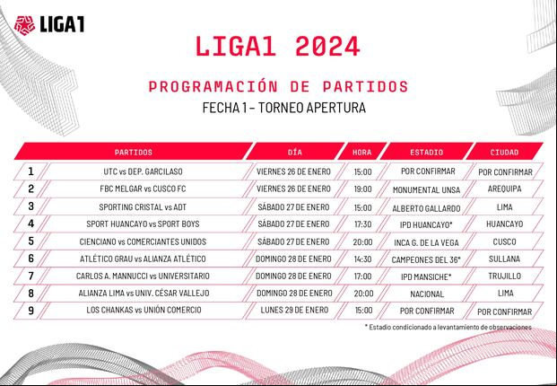 Programación de la fecha 1 del Torneo Apertura 2024. (Imagen: Liga Profesional de Fútbol)