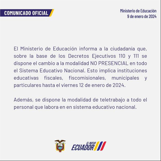 Comunicado oficial del Ministerio de Educación del Ecuador (Foto: @Educacion_Ec).