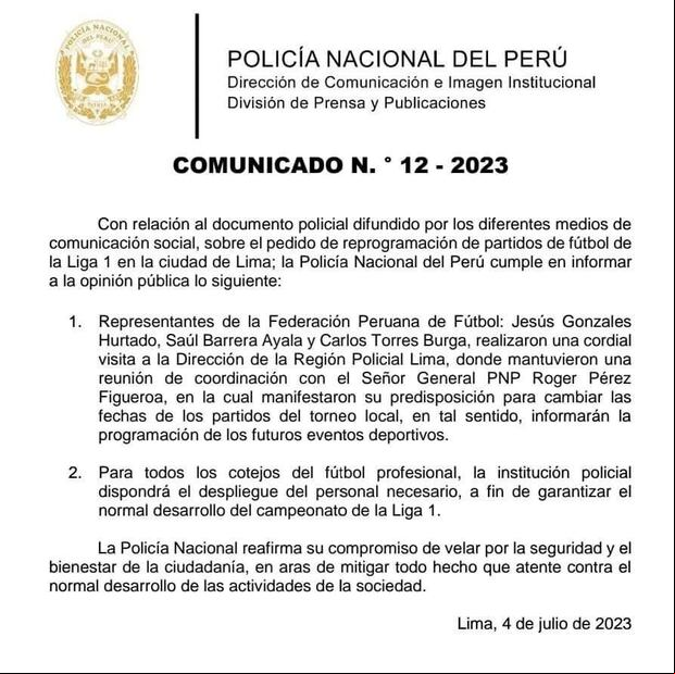 Comunicado de la Policía Nacional sobre la reprogramación de partidos de la fecha 4 y 5 del Clausura. (Foto: Difusión)
