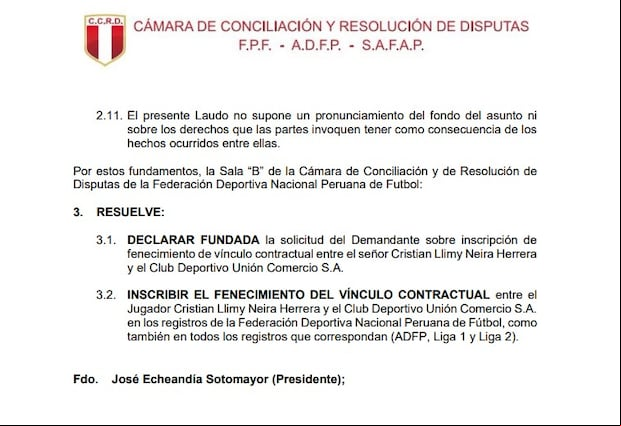 Documento que certifica el fallo de la Cámara de Conciliación y Resolución de Disputas de la FPF a favor del futbolista Cristian Neira. (Imagen: Difusión)