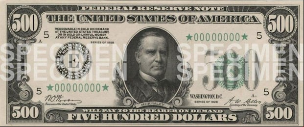 El anverso del billete de 500 dólares de sello verde (Foto: Departamento del Tesoro de EE.UU.)