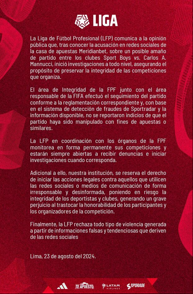 Comunicado de la Liga Profesional sobre el posible amaño de partido. (Foto: Liga 1)