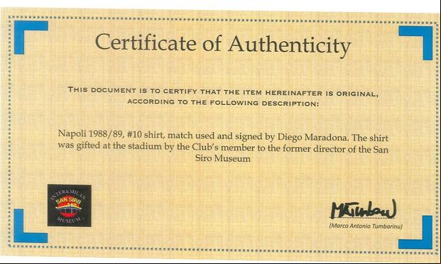 Certificado de autenticidad de la camiseta del Pelusa