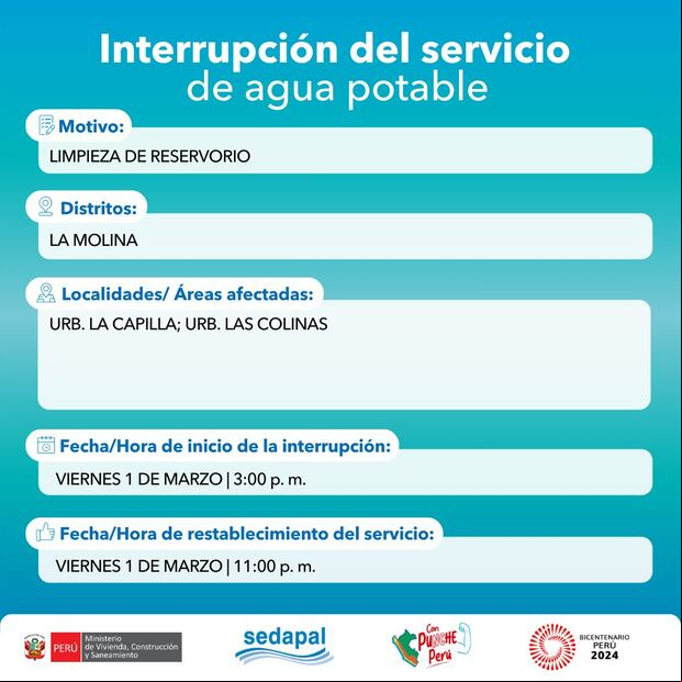 Corte de agua para el 1 de marzo. (Foto: Sedapal)
