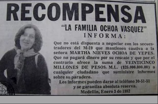El secuestro de Martha Ochoa fue todo un suceso en Colombia. Así informaban los medios el día a día de su rapto(Foto: X)