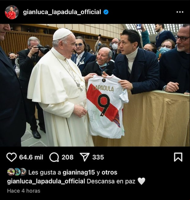 Mensaje de Gianluca Lapadula en su Instagram por fallecimiento del Papa Francisco.