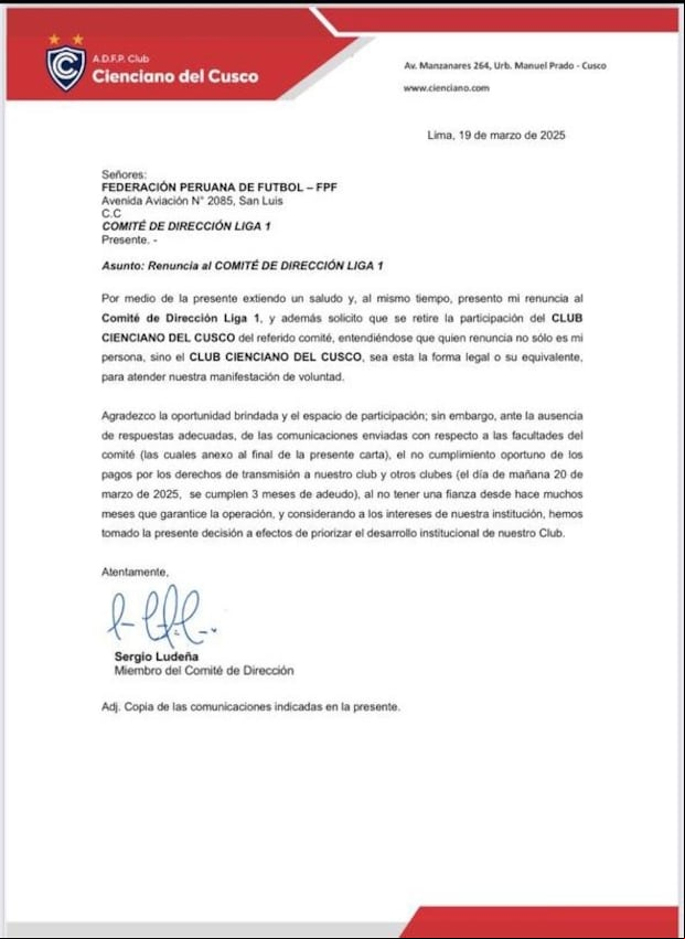 Carta de renuncia de Cienciano al Comité de la Liga 1. (Foto: Cienciano)