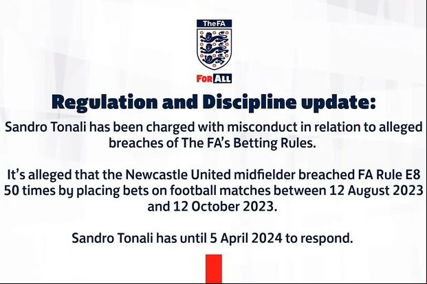 La Federación Inglesa acusa a Sandro Tonali de nuevos delitos cuando jugaba en la Premier League. (Foto: X).