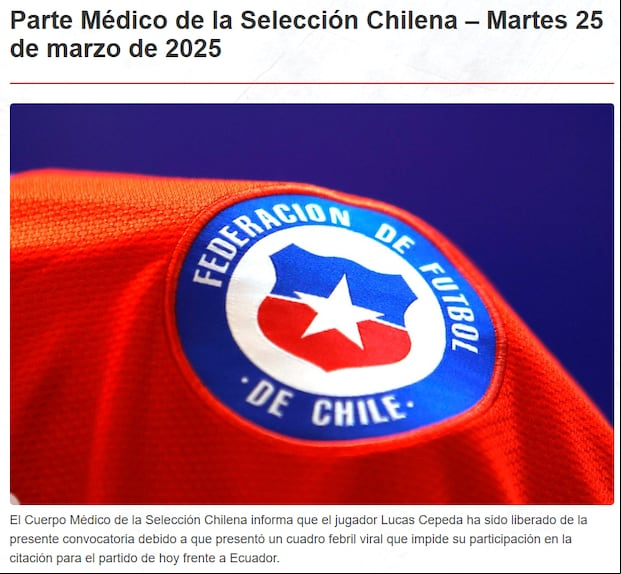 La 'Roja' informó por su página web la ausencia de su atacante Lucas Cepéda.