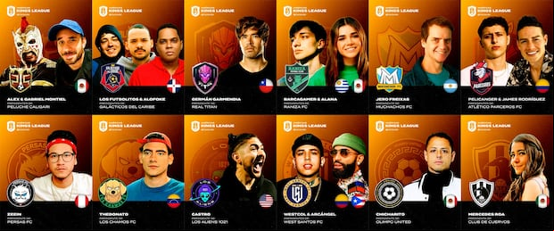Presidentes de la Kings League Américas y los escudos de sus equipos.