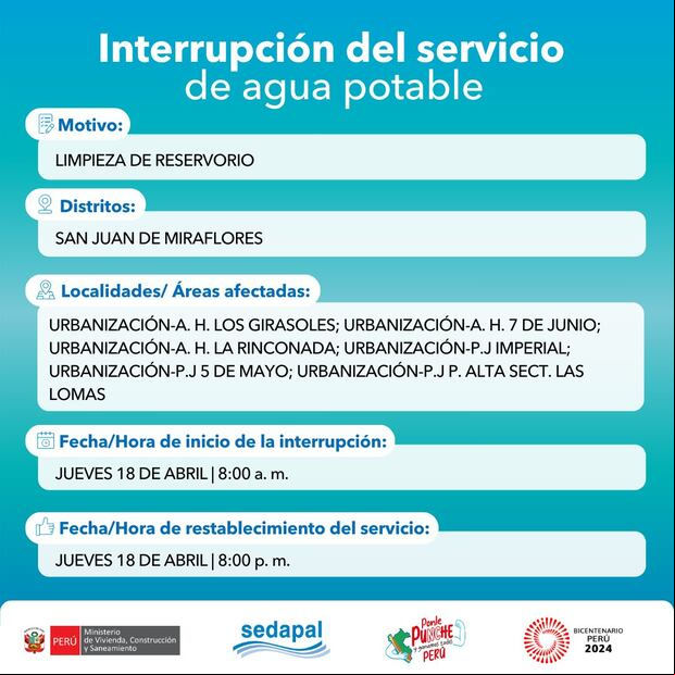 Sedapal anunció los distritos y zonas que se verán afectados por el corte del servicio este jueves 18 de abril. (Foto: Sedapal)