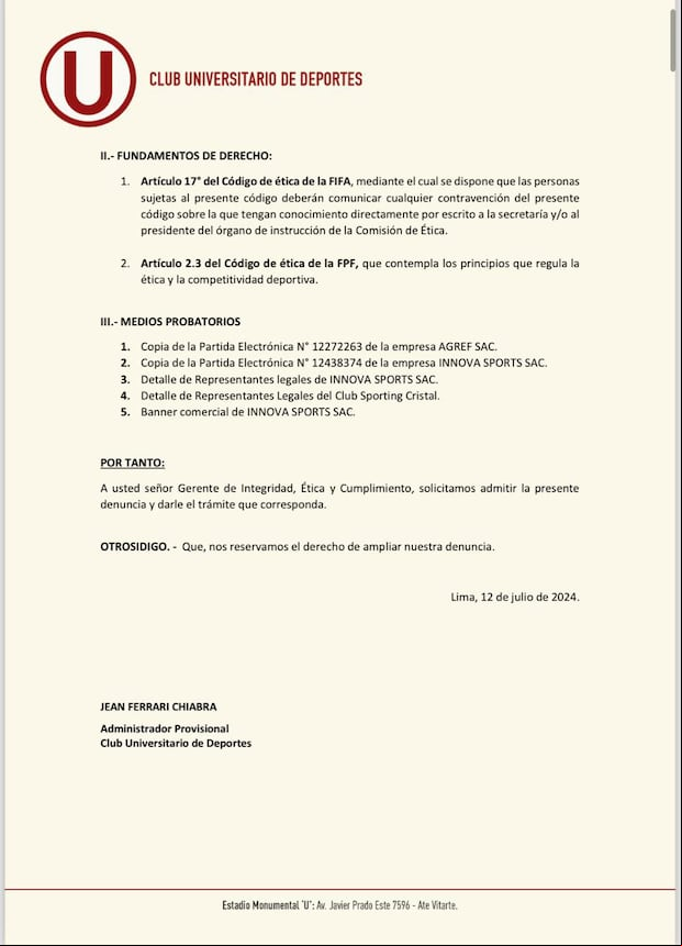Universitario denunció a Joel Raffo ante Comisión de Ética. (Foto: Universitario)