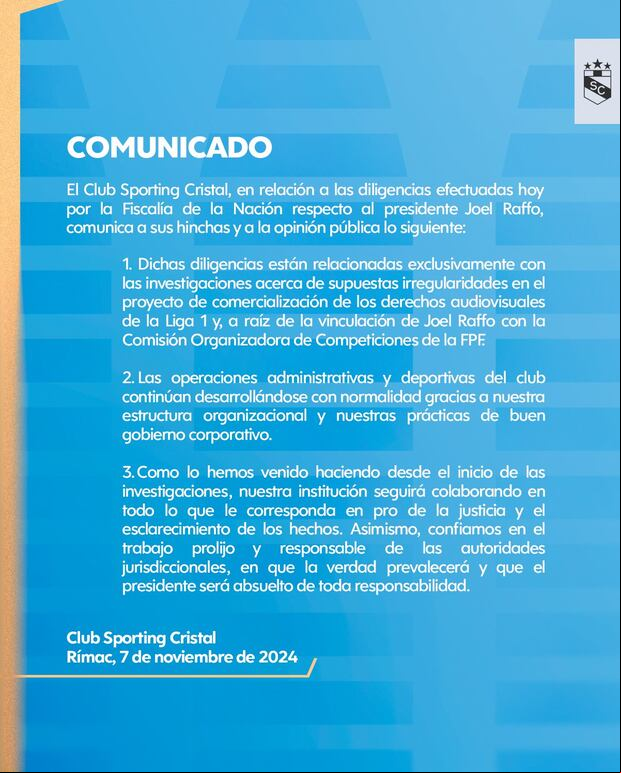 Comunicado de Sporting Cristal tras la detención preliminar de Joel Raffo.