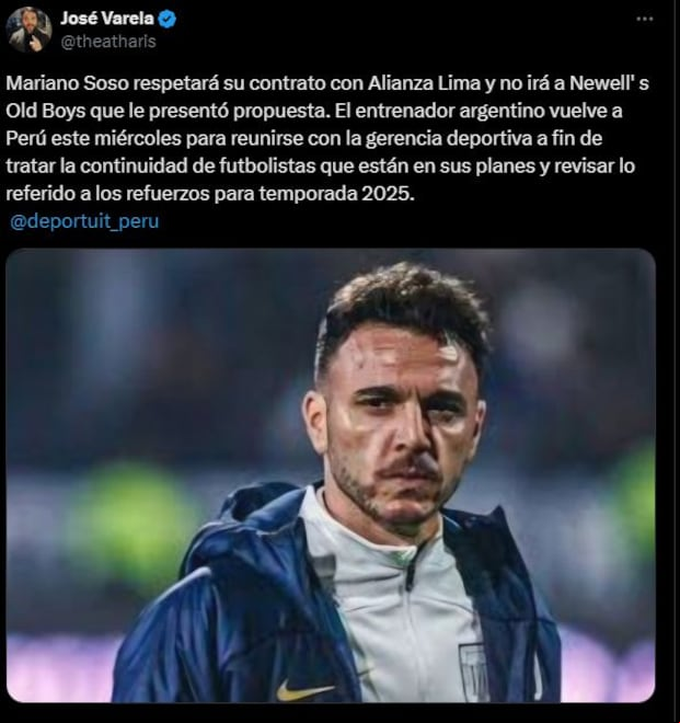 Mariano Soso se quedará en Alianza Lima a respetar su contrato. (X)