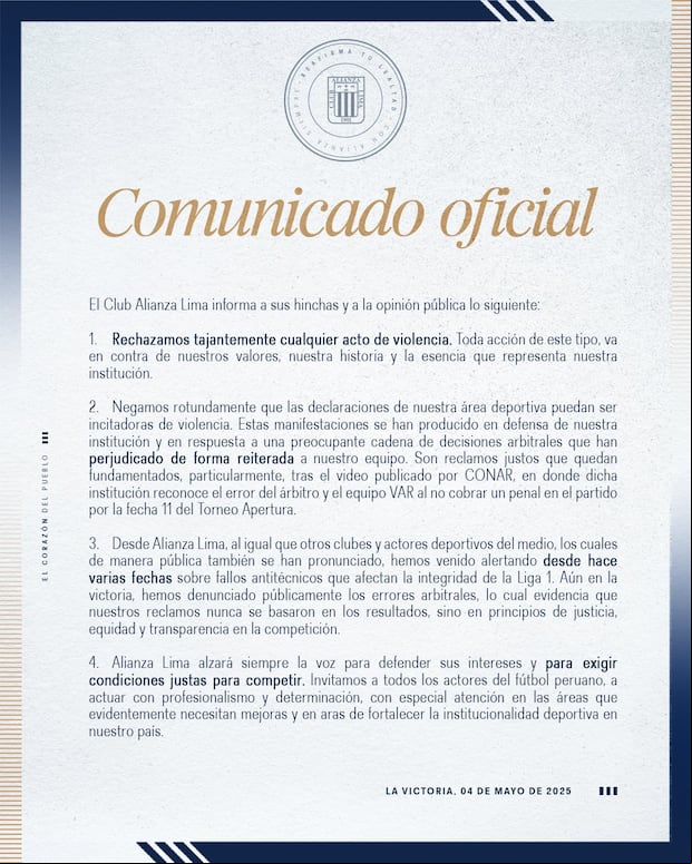 Alianza Lima y su comunicado deslindando con actos de violencia. (Imagen: Alianza Lima)