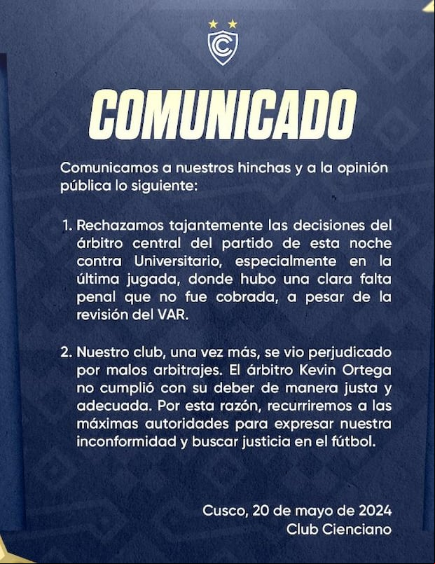 El comunicado de Cienciano tras el empate ante Universitario.