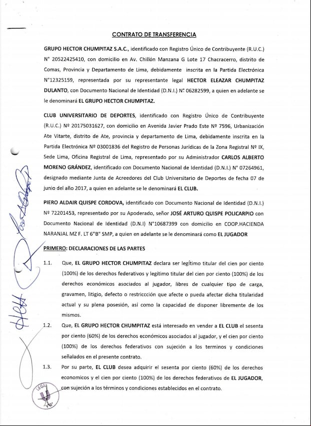 El documento que subió a sus redes Franco Velasco, director legal crema, por el caso de Piero Quispe.