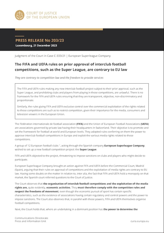 El fallo del Tribunal de Justicia Europeo a favor de la Superliga Europea. (Foto: Tribunal de Justicia Europeo)