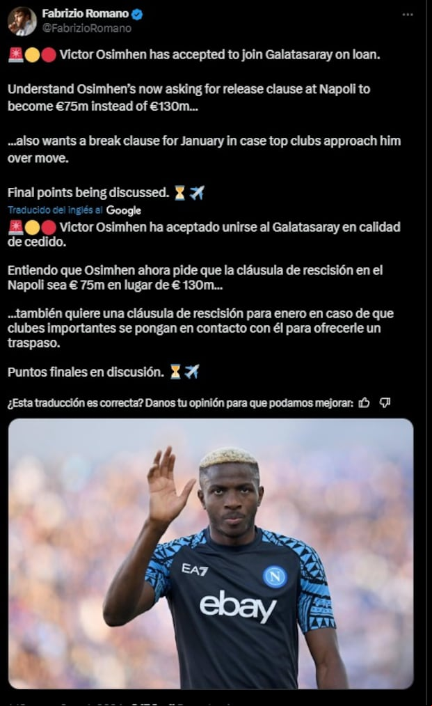 Victor Osimhen al Galatasaray. (Foto: Captura de ‘X’ de Fabrizio Romano).