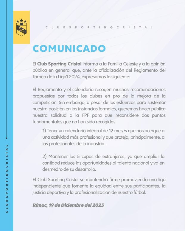 El comunicado compartido por Sporting Cristal.