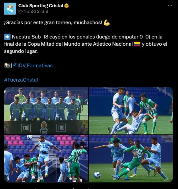 Mensaje de Sporting Cristal a la Sub 18 tras quedar en el segundo lugar. (Foto: Captura).