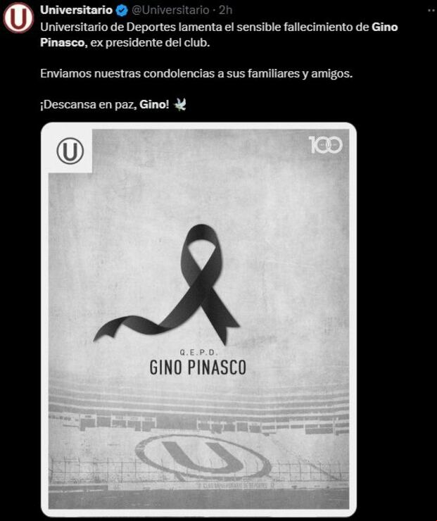 El mensaje de Universitario por el fallecimiento de su expresidente, Gino Pinasco. (Universitario)